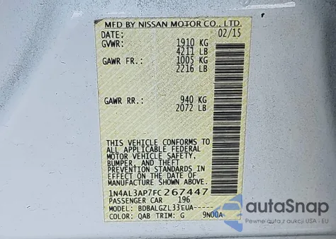 2015 Nissan Altima 2.5 S z USA, uszkodzony, nr VIN 1N4AL3AP7FC267447